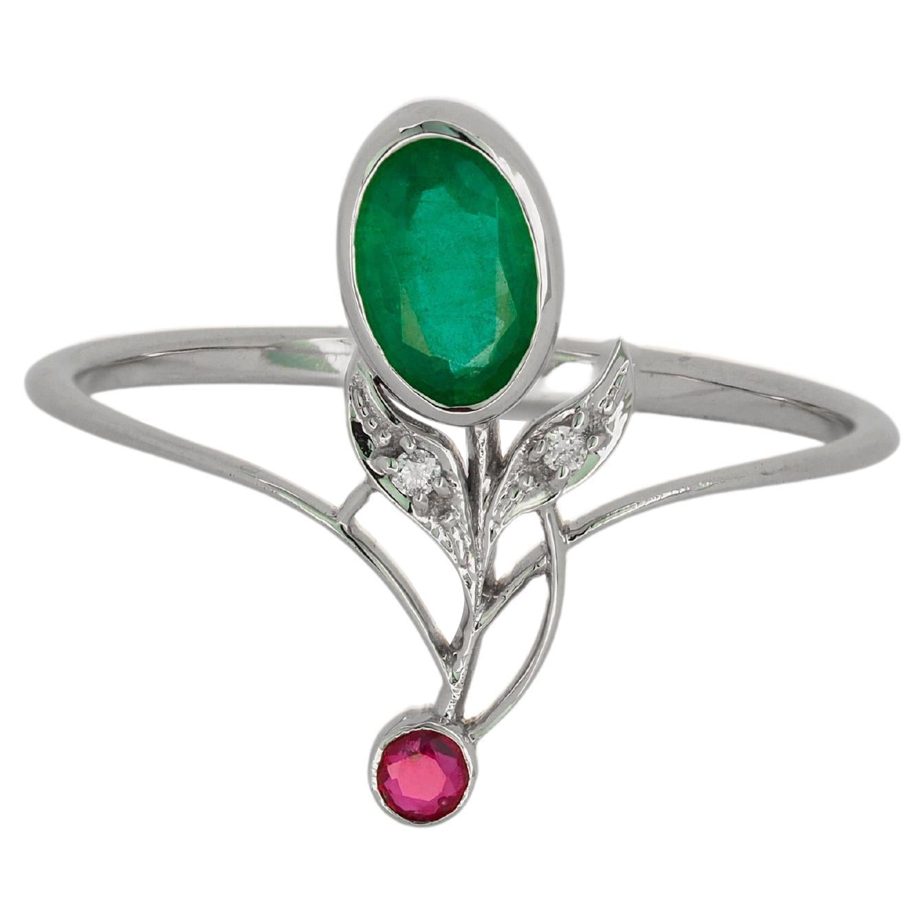14k Gold Ring with Emerald, Ruby and Diamonds For Sale
