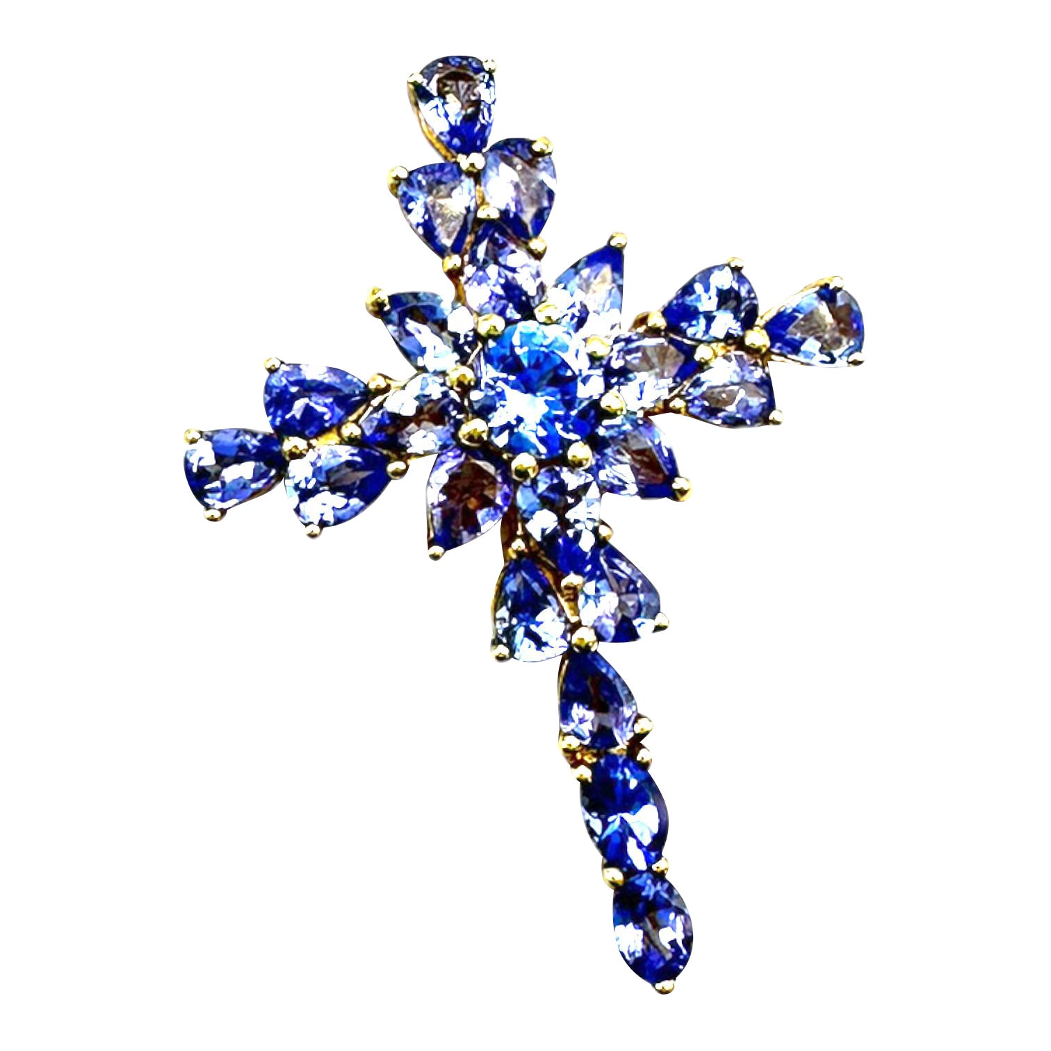 13.50 Carat Tanzanite Pear-Shaped Cross 1-1/2" Yellow Gold For Sale