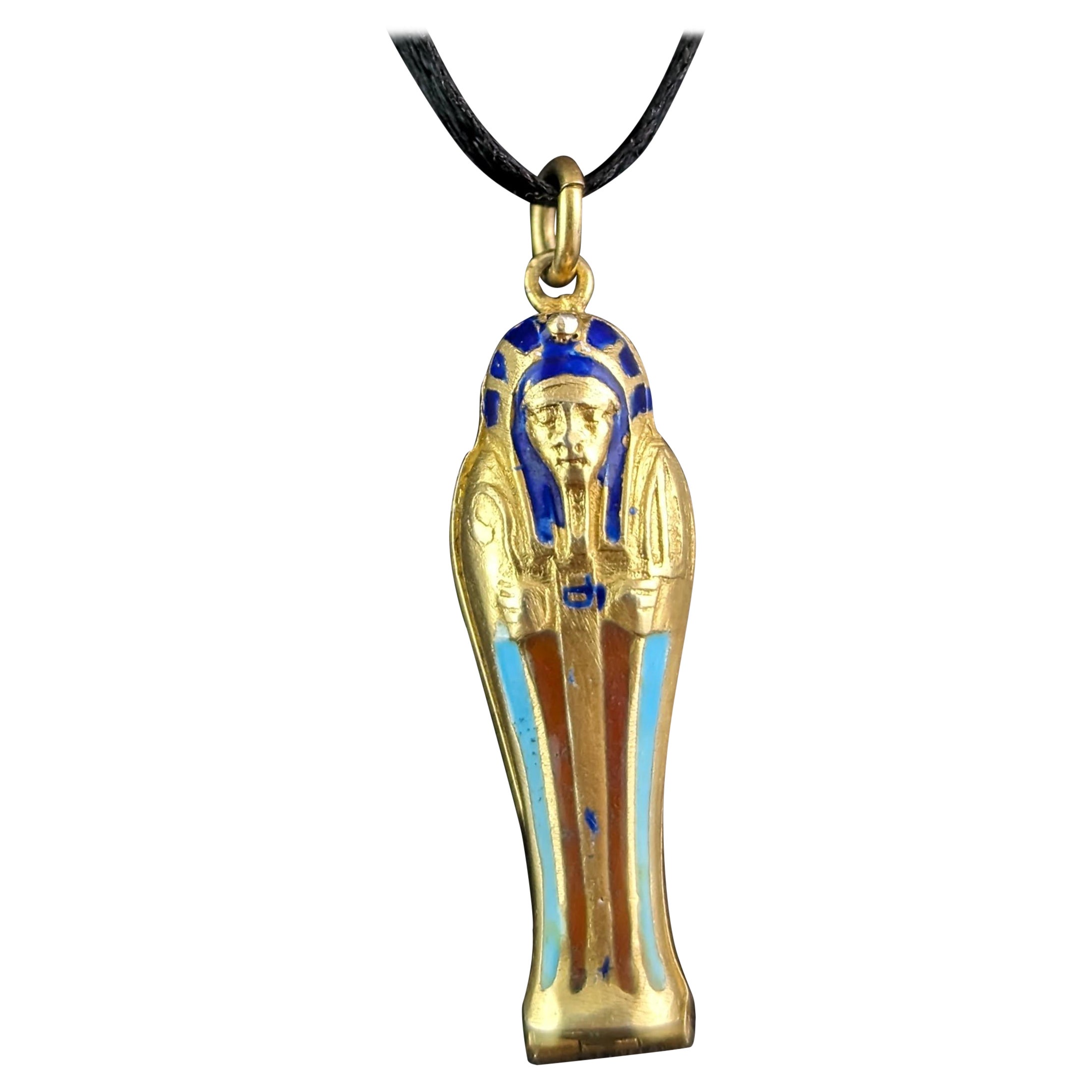 Vintage Art Deco silver gilt and enamel sarcophagus pendant, locket 