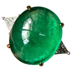 Used Certified 20.47 Carat Emerald Cabochon Three Stone Engagement Ring