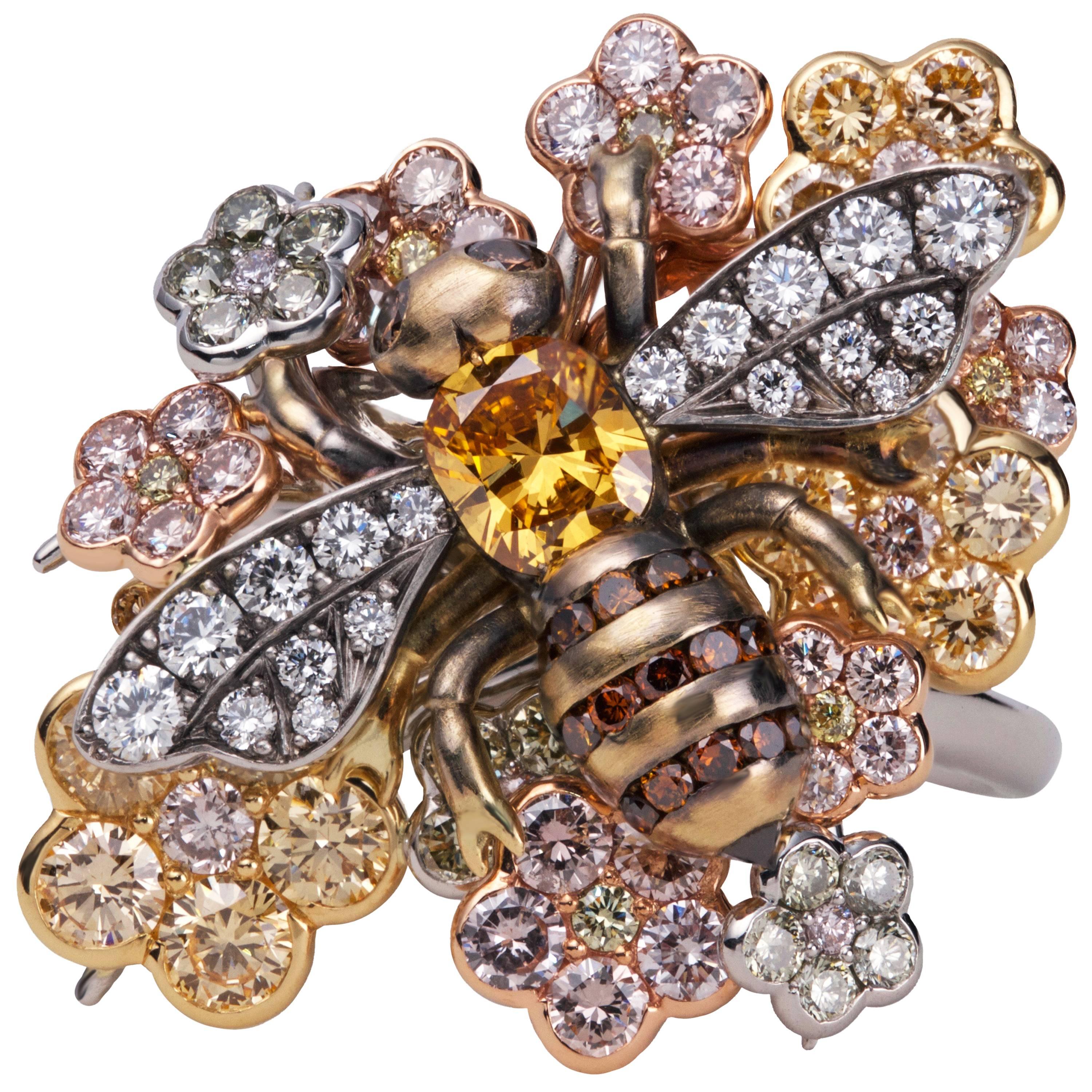 David Michael Multiple Natural Coloured Diamonds Bee Ring For Sale
