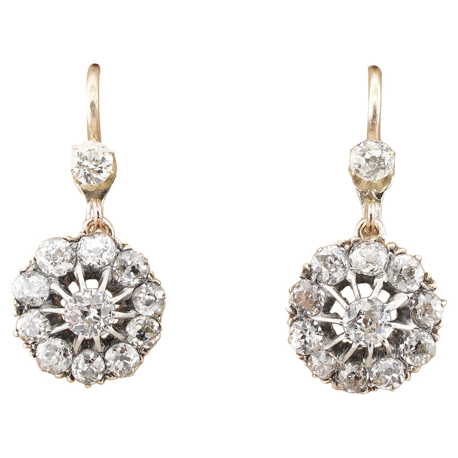 Victorian 2.20 Ct Old Diamond Cut Daisy Cluster Earrings