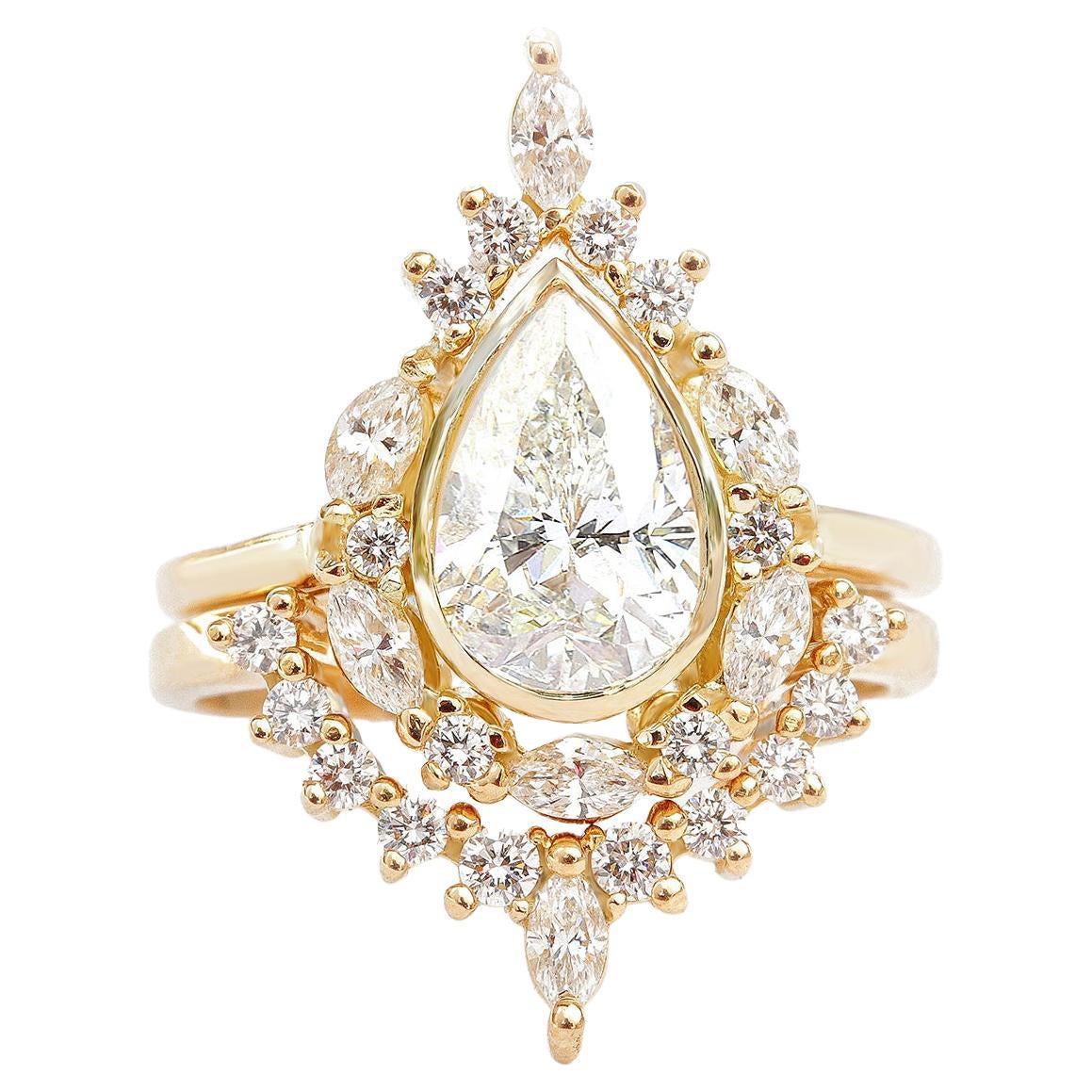 1.0 Carat Pear Diamond Engagement Ring, Matching Nesting Ring, Unique Halo - Eva For Sale