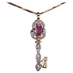 Vintage Estate 2.20 Ct. Natural Ruby Diamond Key Pendant Necklace 18 KT