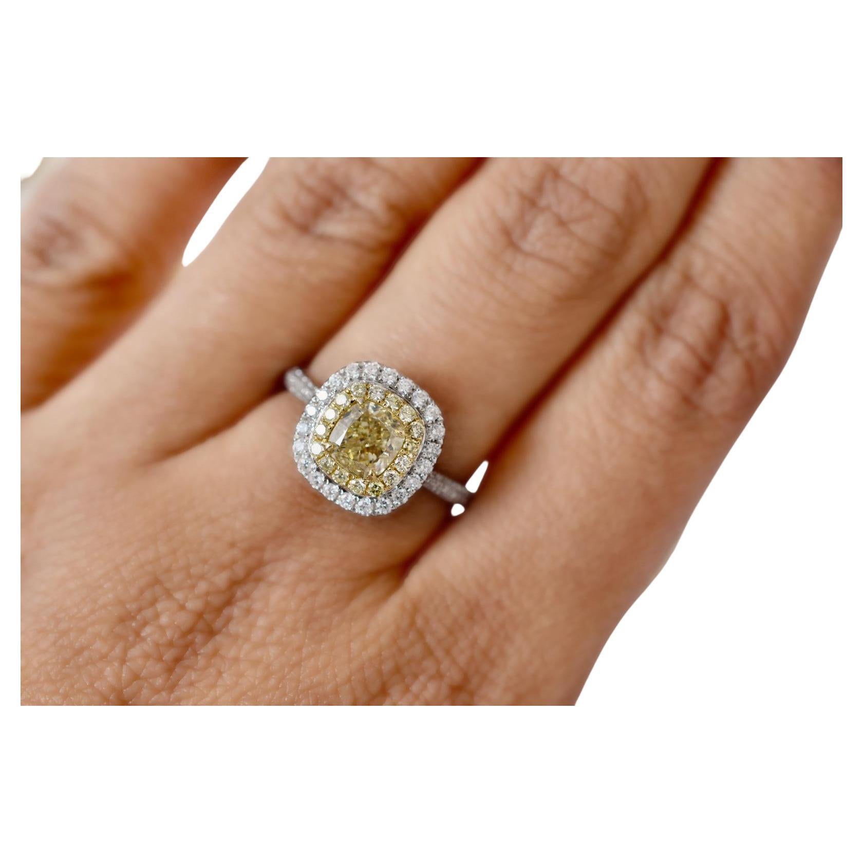 GIA Certified Fancy Light Yellow Diamond Ring 0.91 Carat SI1 Cushion Shape Ring