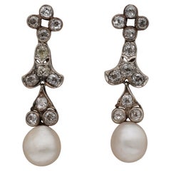 Victorian Natural Pearl 2.40 Ct Diamond Drop Earrings