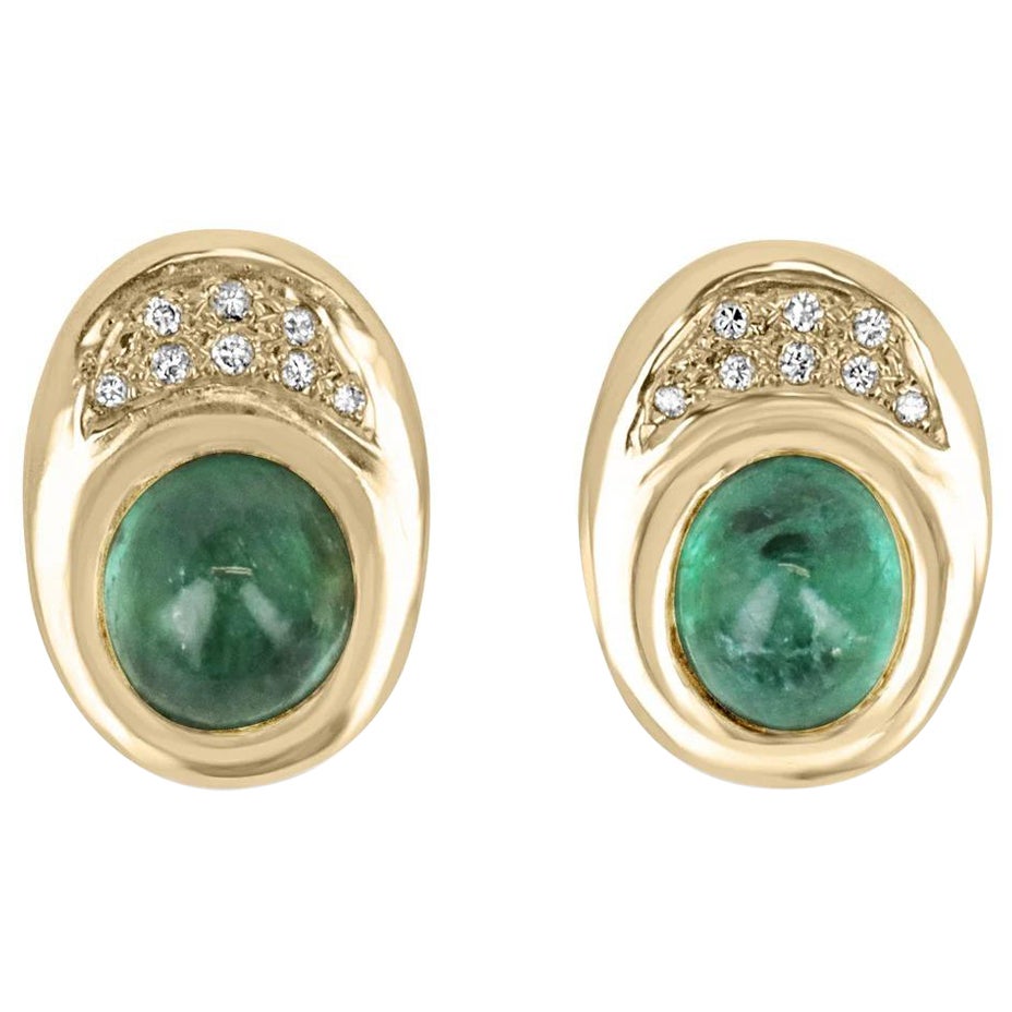 10.14tcw 14K Oval Cabochon Cut Emerald & Diamond Accent Vintage Clip On Earrings For Sale