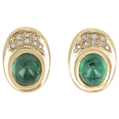 10.14tcw 14K Oval Cabochon Cut Emerald & Diamond Accent Vintage Clip On Earrings