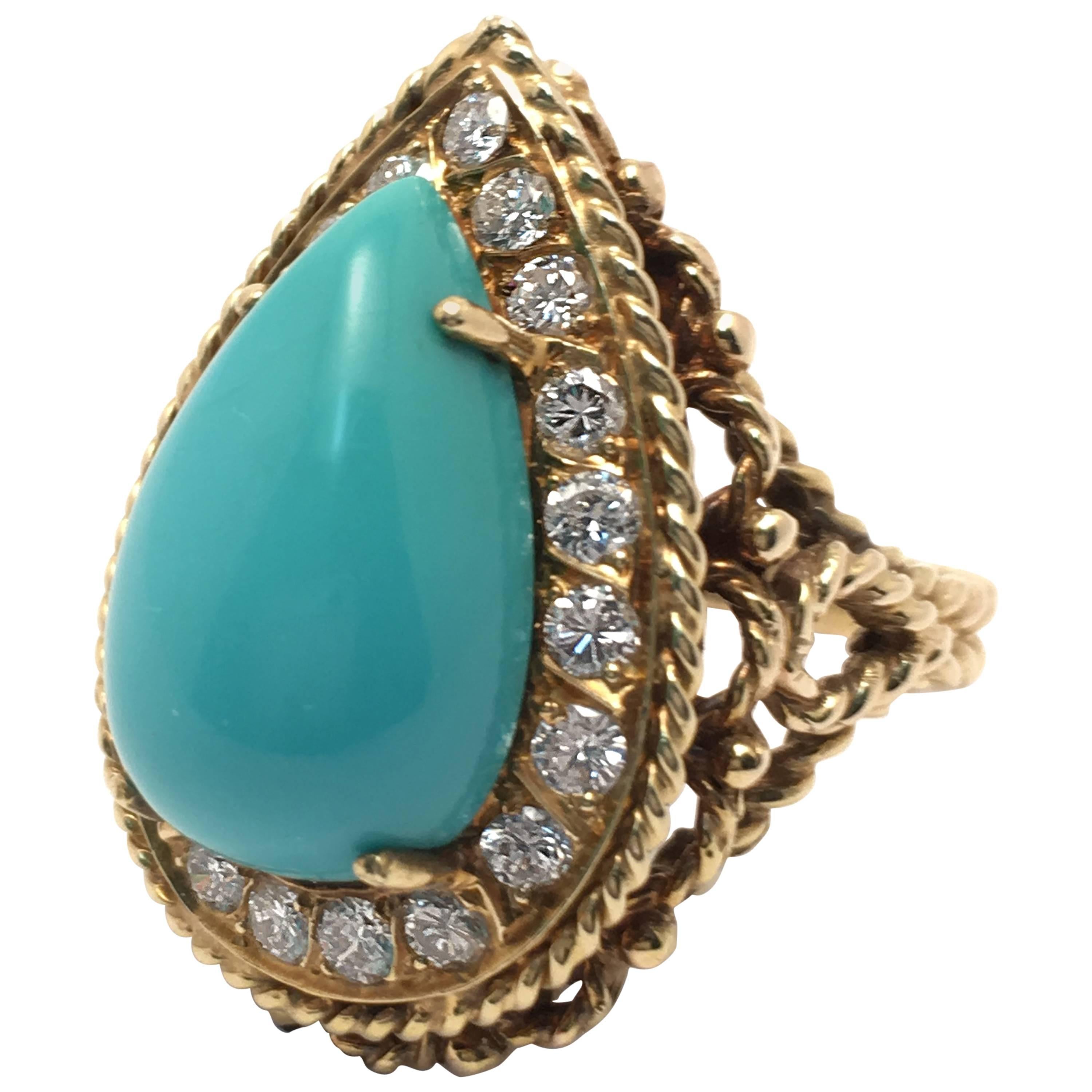 Retro Yellow Gold Turquoise Ring For Sale