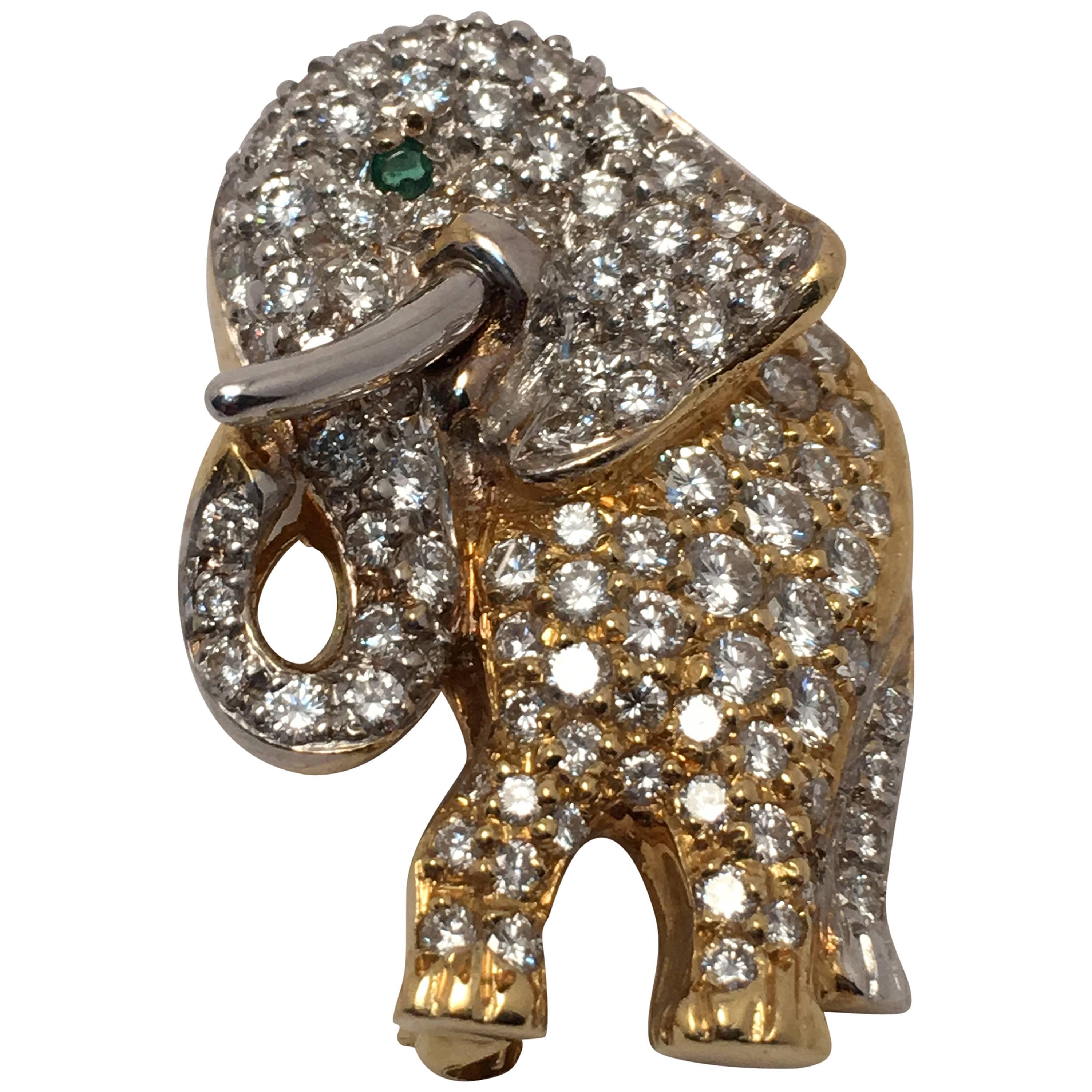 Sparkling Yellow Gold Elephant Brooch For Sale