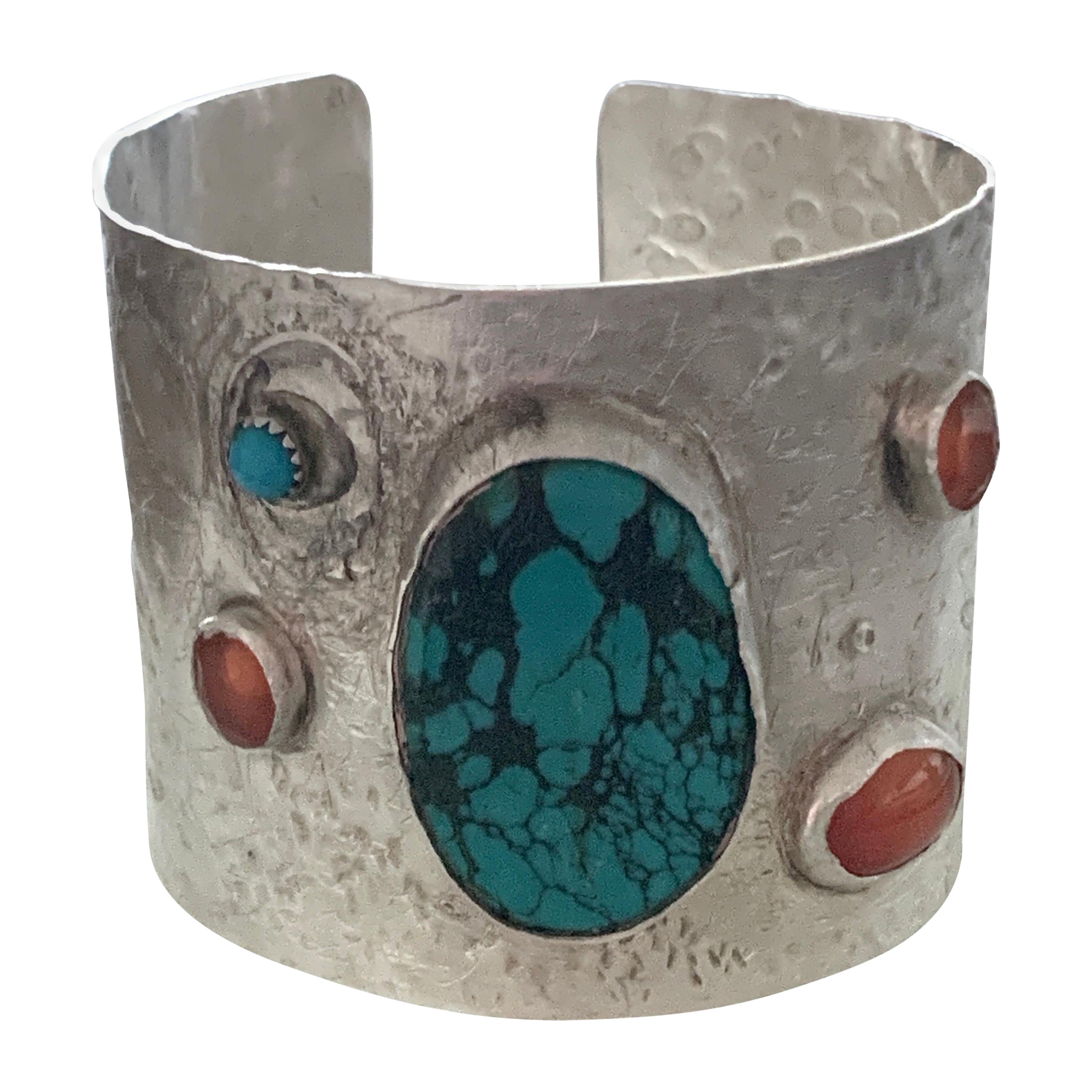 Sterling Silver Turquoise set Wide Cuff For Sale