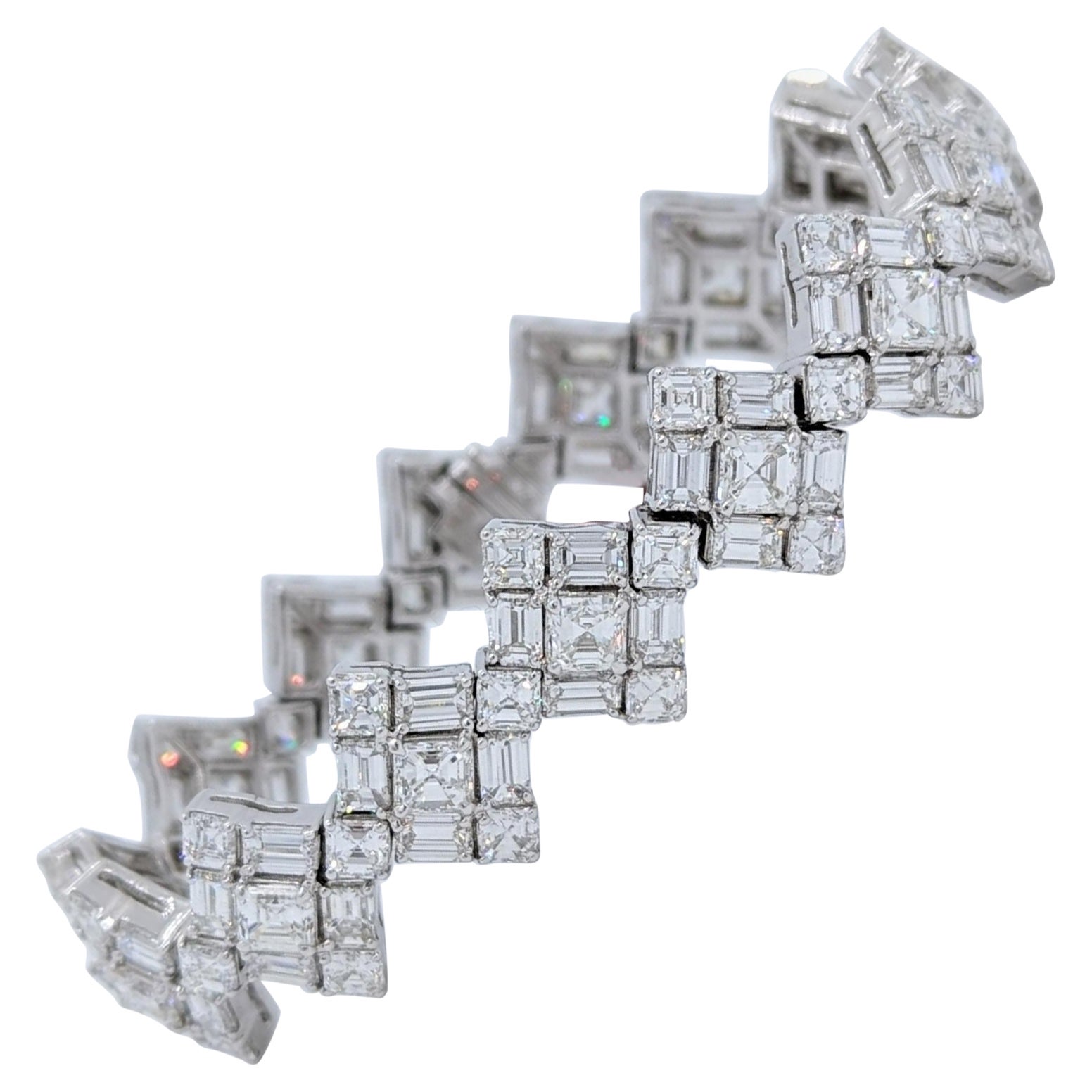 White Diamond Asscher & Emerald Cut Bracelet in 18K White Gold For Sale