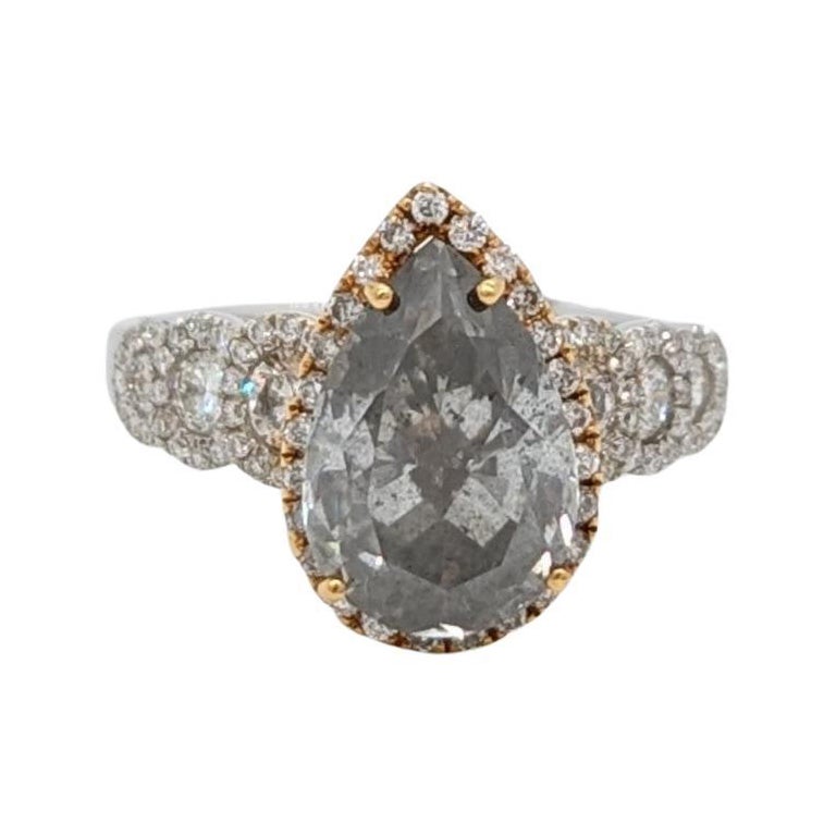GIA Fancy Gray Pear Shape and White Diamond Round Ring in 2 Tone 14K Gold For Sale