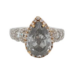 GIA Fancy Gray Pear Shape and White Diamond Round Ring in 2 Tone 14K Gold