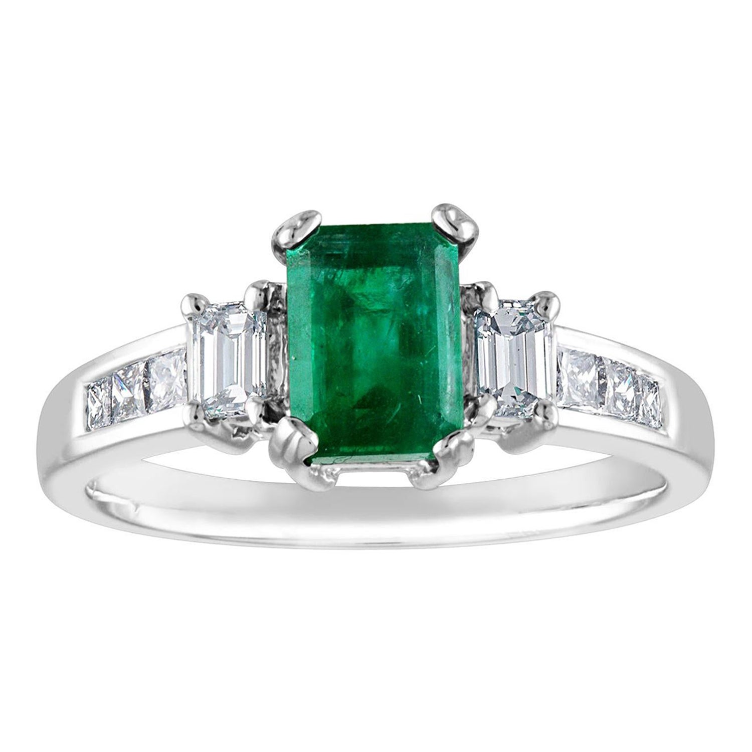 AGL Certified 1.15 Carat Emerald Three-Stone Diamond Gold Ring For Sale