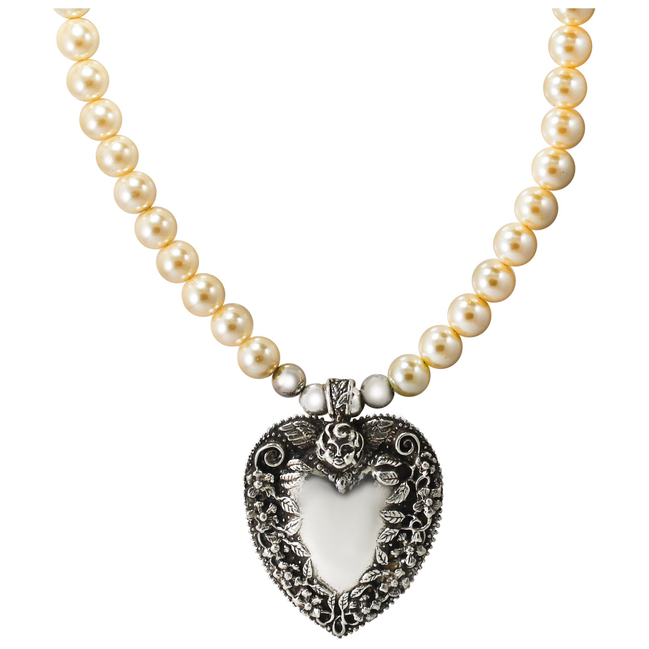 Sterling Silver Heart Pendant, Faux Pearl Necklace, 158g