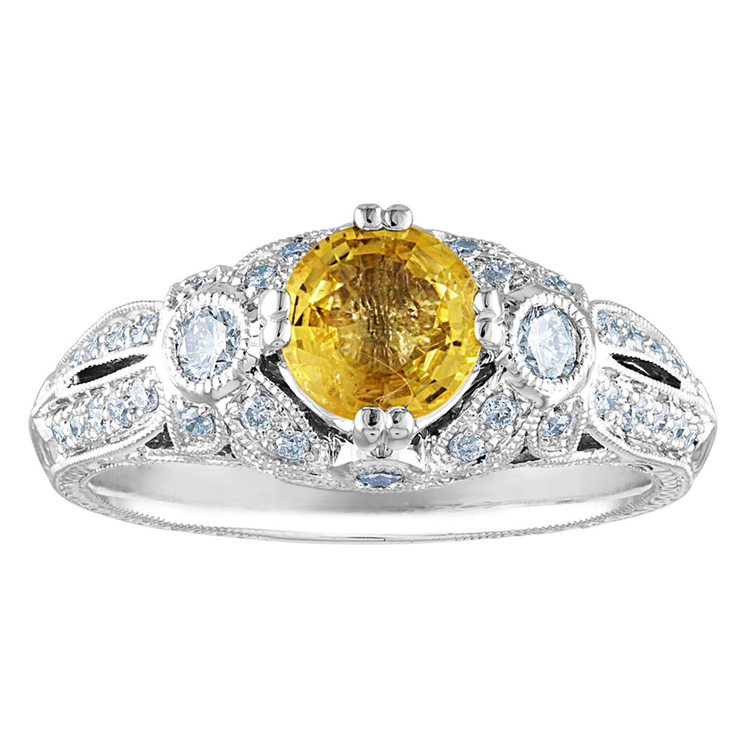 AGL Certified 0.97 Carat Yellow Sapphire Diamond Gold Milgrain Filigree Ring For Sale