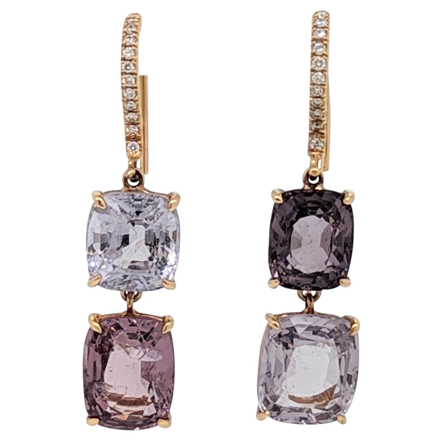 GIA Cushion Cut Purple Pink Spinel & Diamond Dangle Earrings in 18K Rose Gold