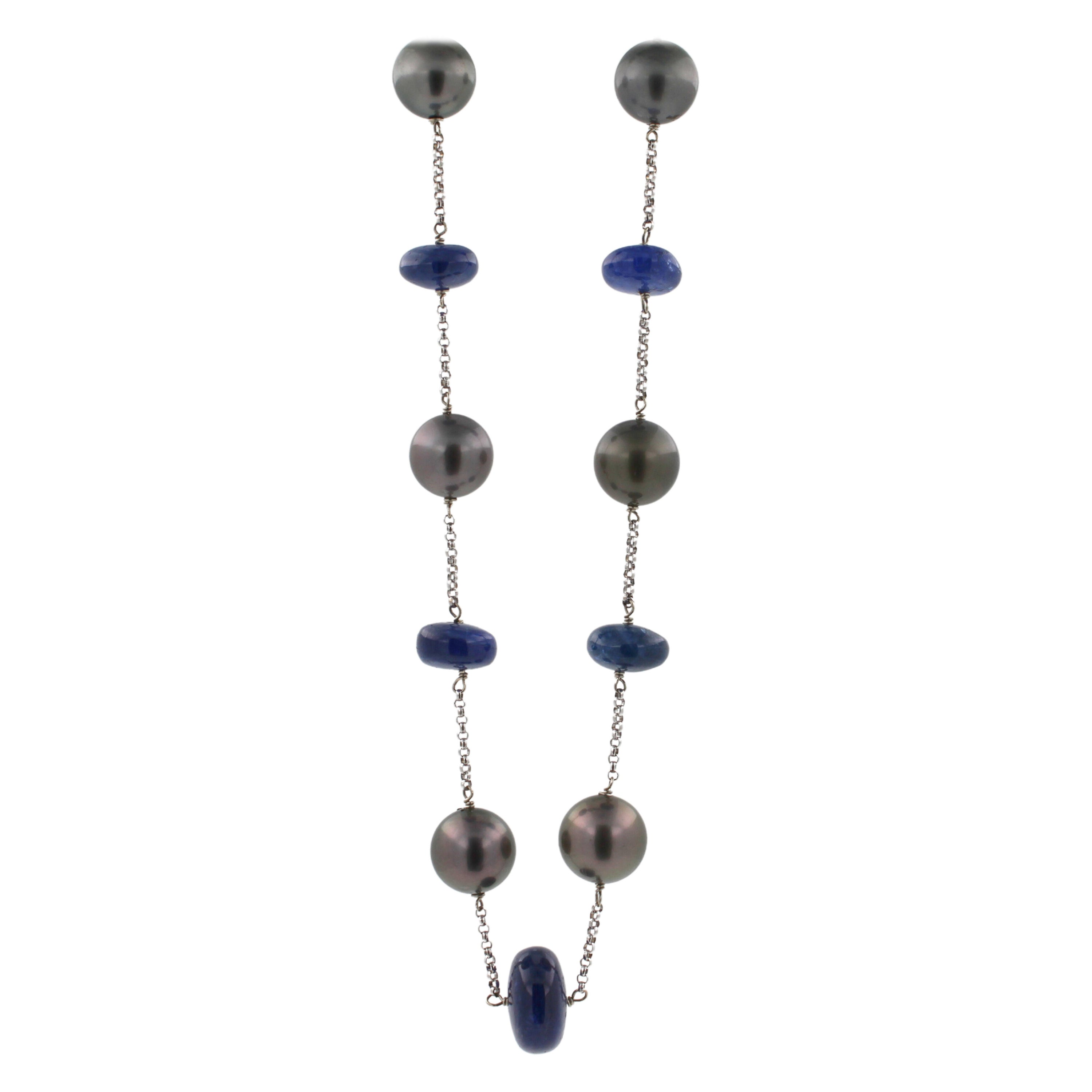 Tahitian Silver Grey Black Pearl Blue Sapphire Bead White Gold Chain Necklace For Sale