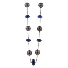 Tahitian Silver Grey Black Pearl Blue Sapphire Bead White Gold Chain Necklace