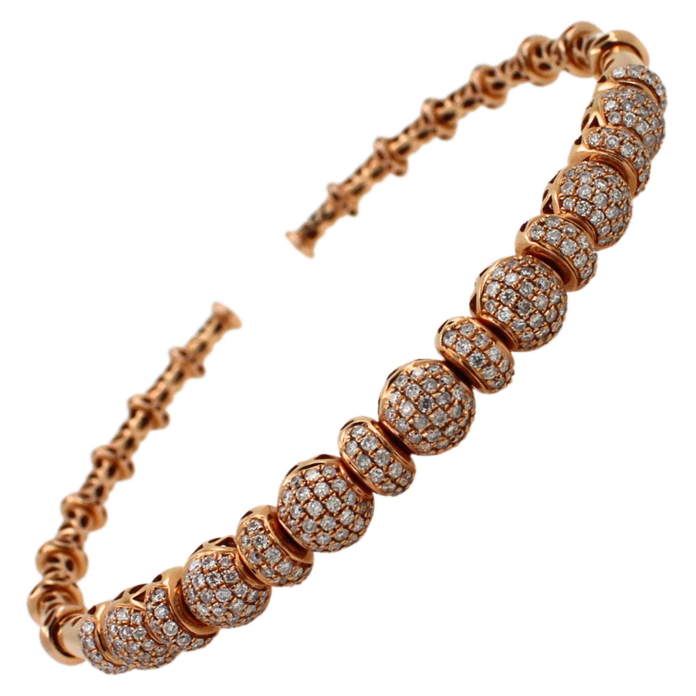 Brilliant Round Diamonds Pave Set Golden Bead 18k Rose Gold Bangle Cuff Bracelet For Sale