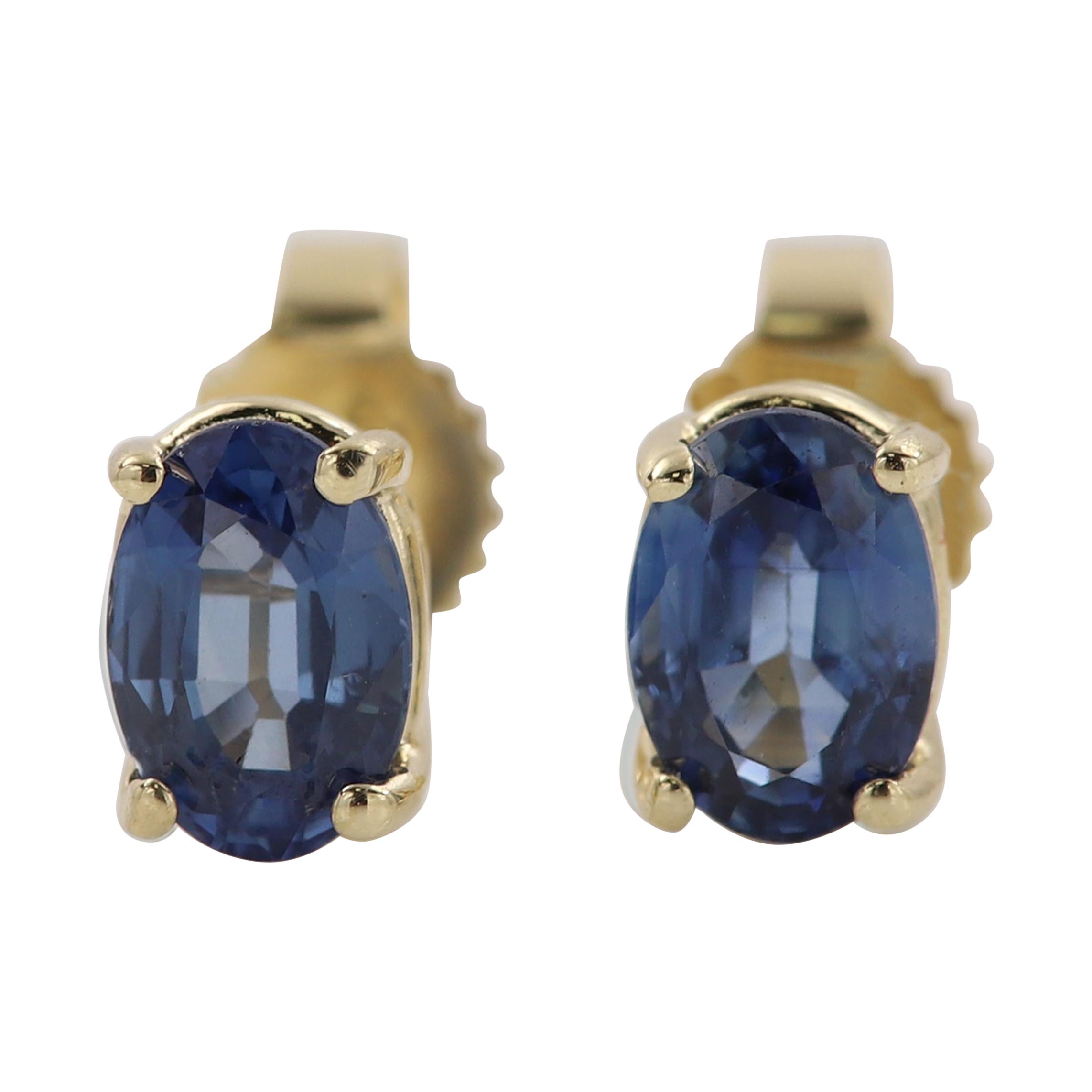 Oval Blue Sapphire Earring Studs 6 x 4 Natural Sapphire 14 Karat Yellow gold For Sale