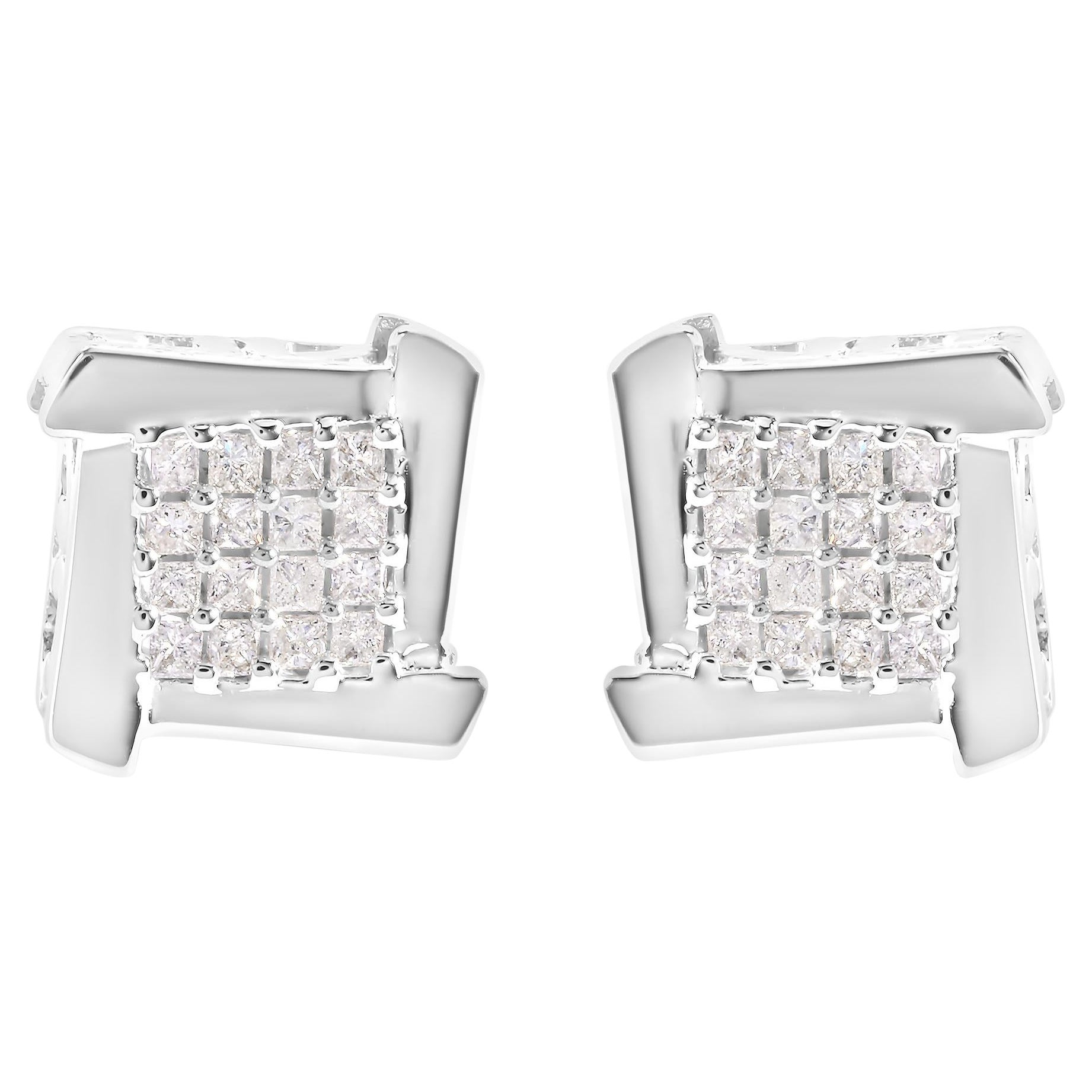 10K White Gold 1/2 Cttw Composite Princess Diamond Square and Swirl Stud Earring For Sale