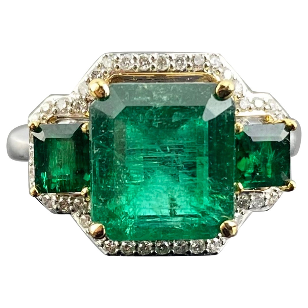 5.07 Carat Emerald and Diamond Three Stone Cocktail Ring For Sale