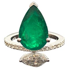 Certified 3.66 Carat Pear Shape Emerald and Diamond Cocktail Ring