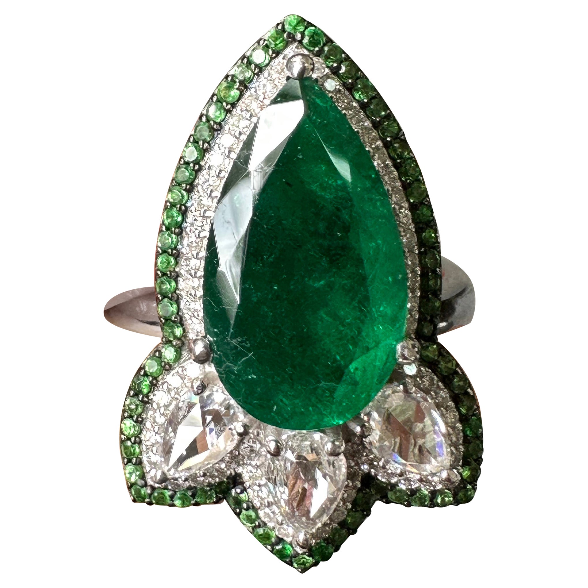 Certified 4.08 Carat Pear Shape Emerald and Diamond Cocktail Ring For Sale