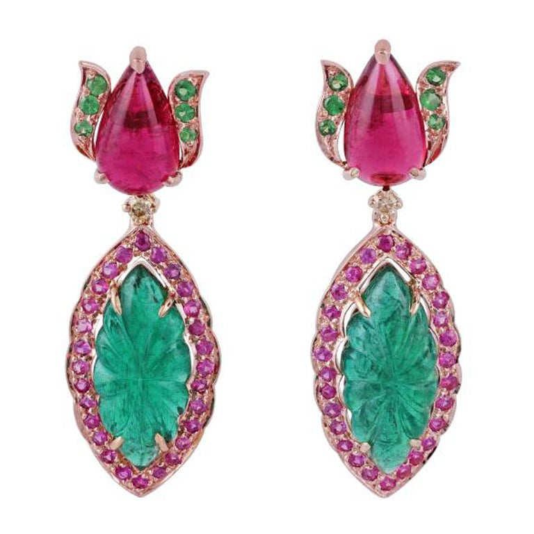 Leaf Carved Emerald, Rubellite and Diamond Earrings, Set in 18 Karat Rose Gold For Sale