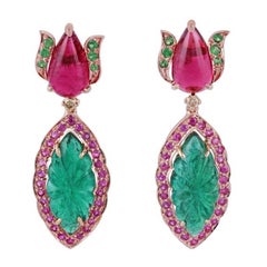 Leaf Carved Emerald, Rubellite and Diamond Earrings, Set in 18 Karat Rose Gold
