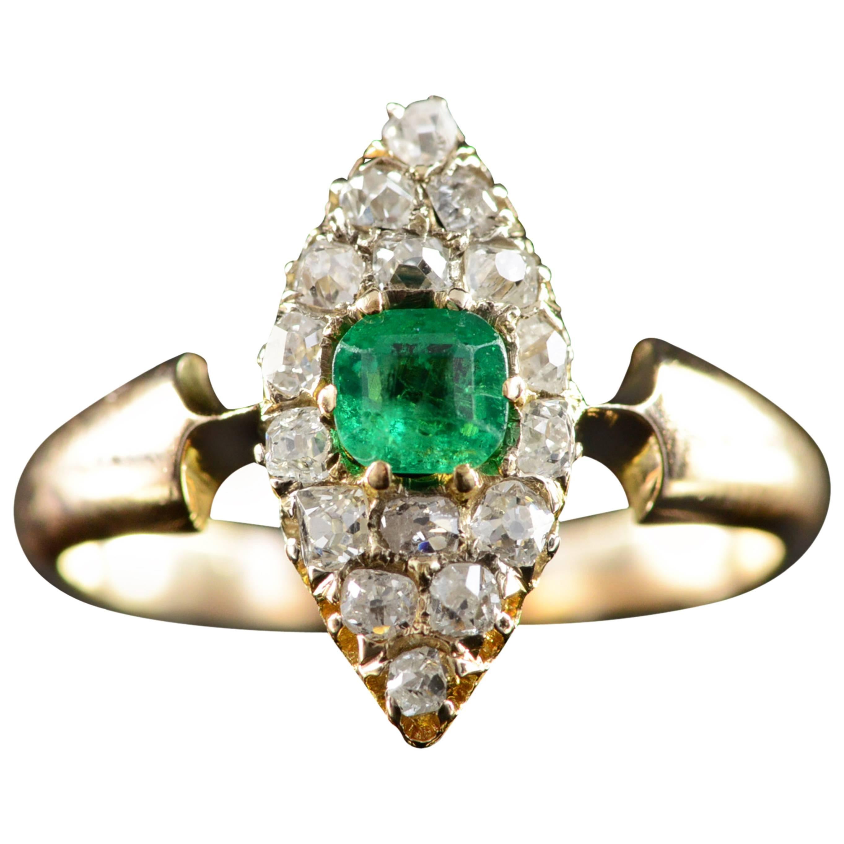 Victorian Emerald Old Mine Cut Diamond Gold Ring