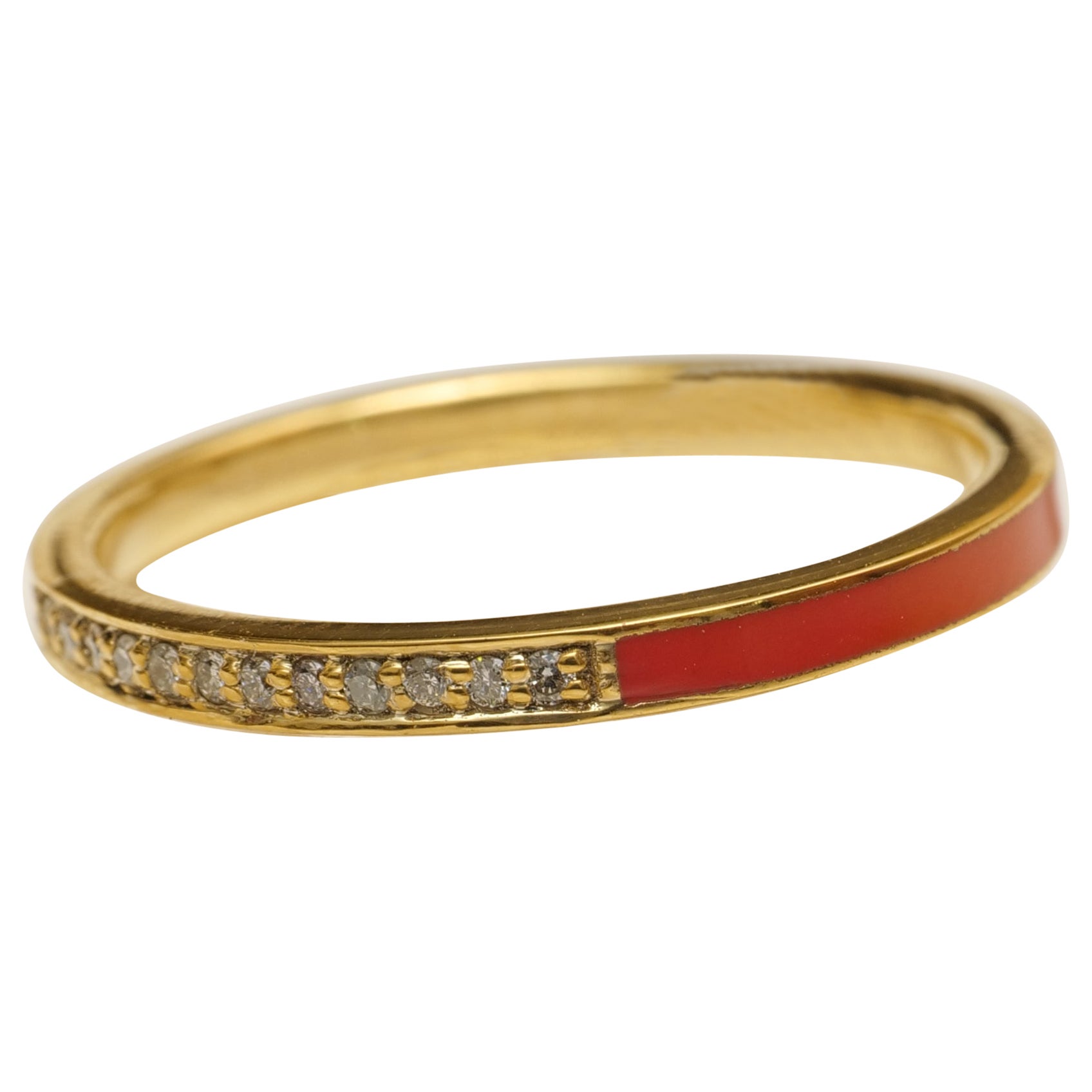 Orange Enameled Diamond  Band Ring set in 18k Solid Gold