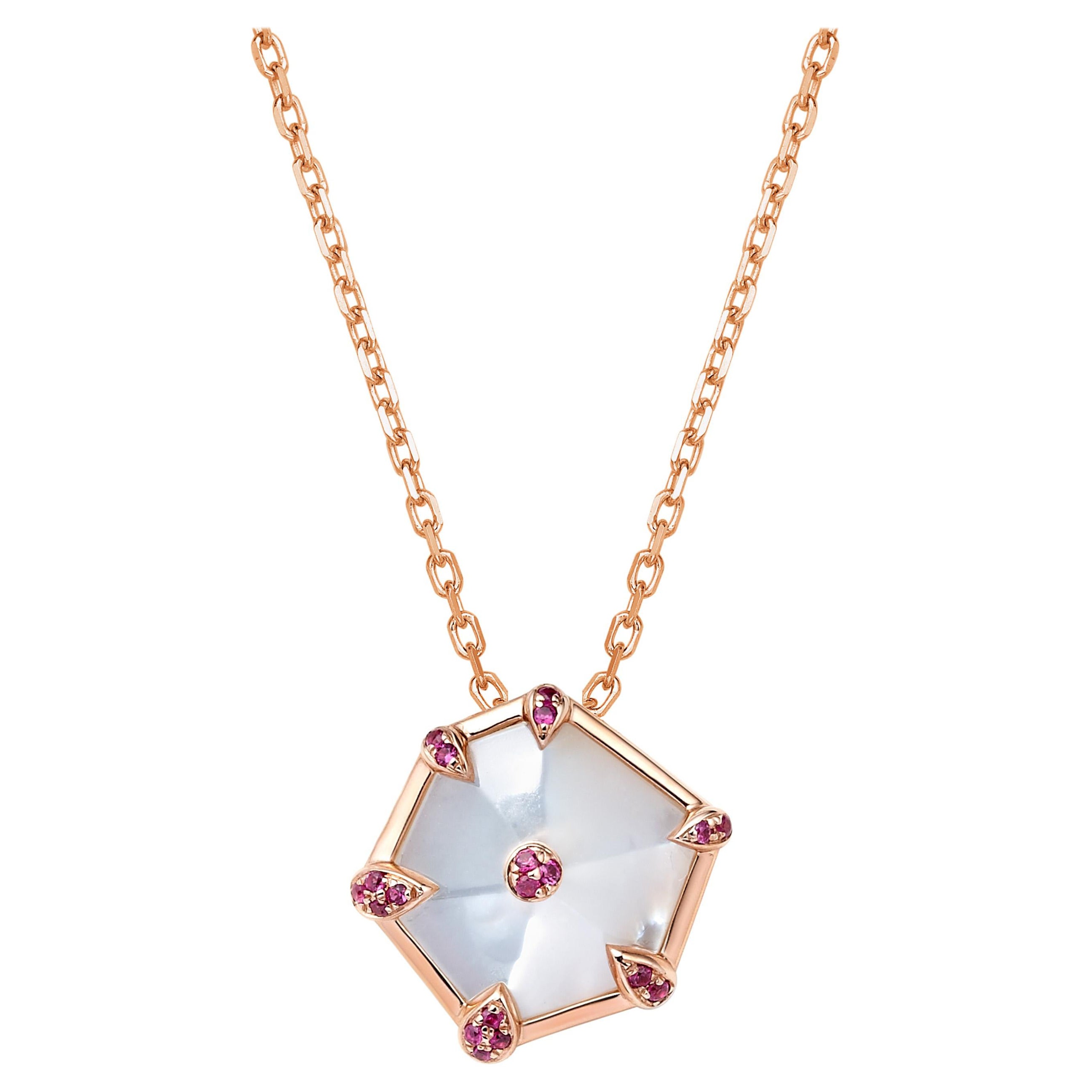 Fei Liu Mother of Pearl Pink Sapphire 18 Karat Rose Gold Mini Hexagon Necklace