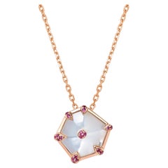 Fei Liu Mother of Pearl Pink Sapphire 18 Karat Rose Gold Mini Hexagon Necklace