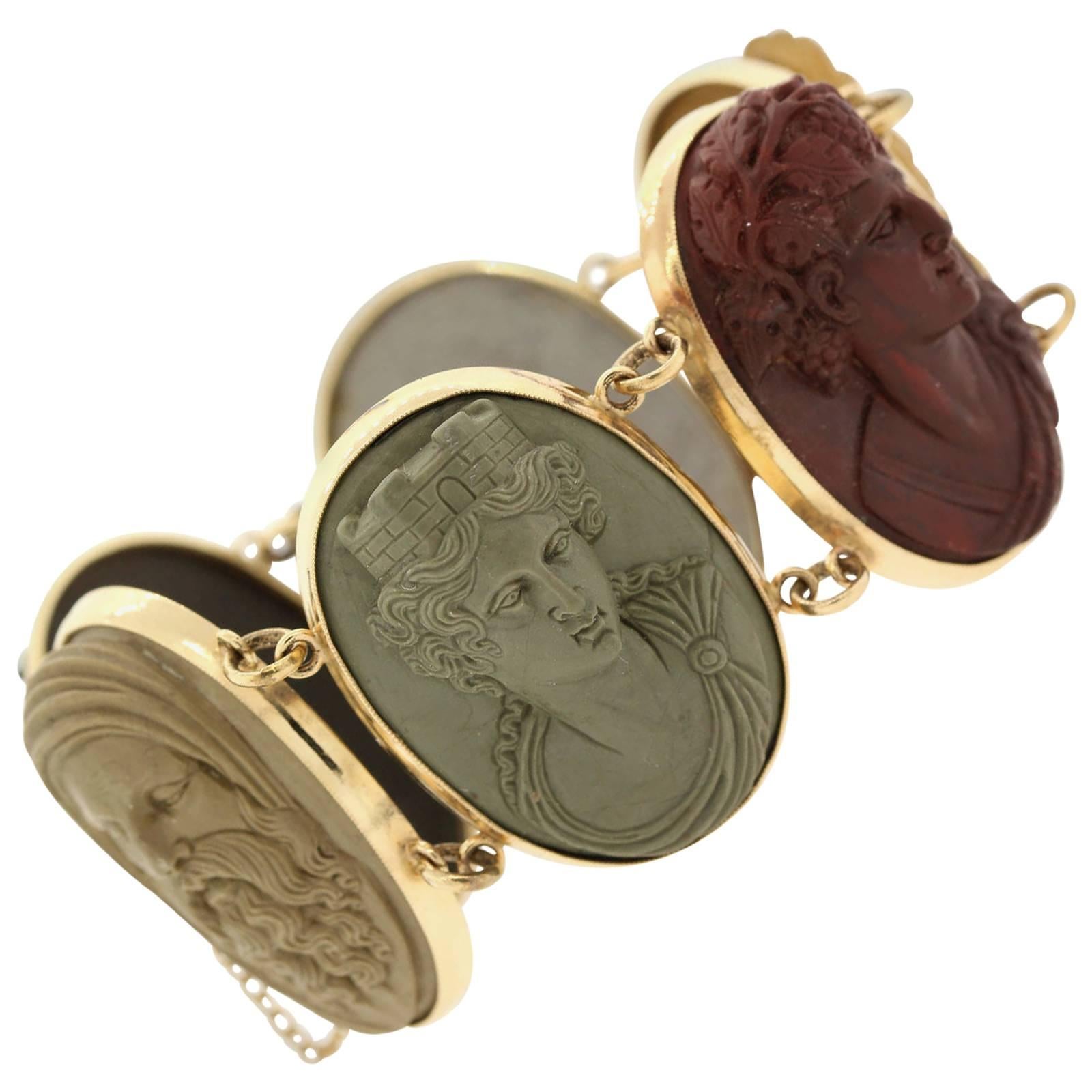 1880s Lava and Gold Classic Roman Bust Bracelet  