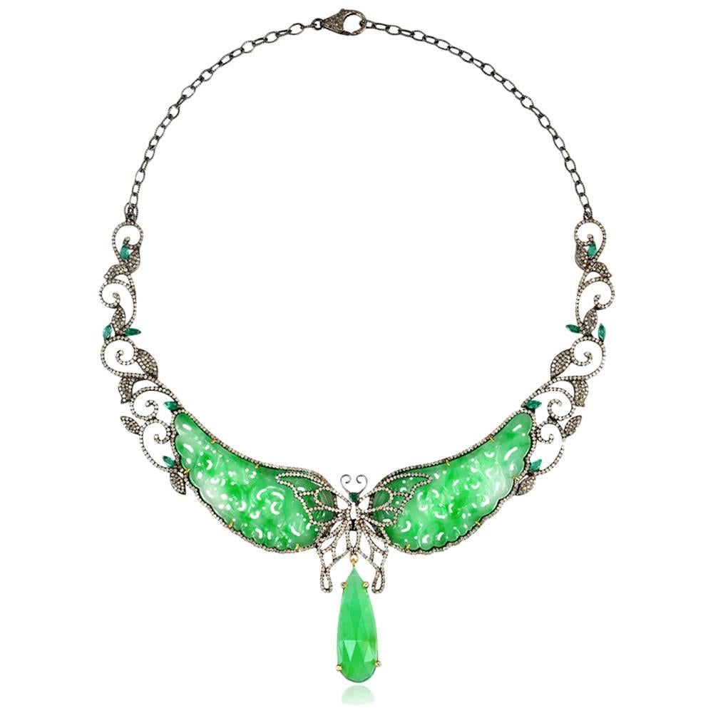 Jade Diamond Gold Butterfly Necklace at 1stDibs