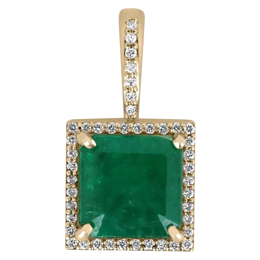 3.15tcw Deep Green Asscher Emerald & Diamond Halo Modern Pendant Necklace Gold