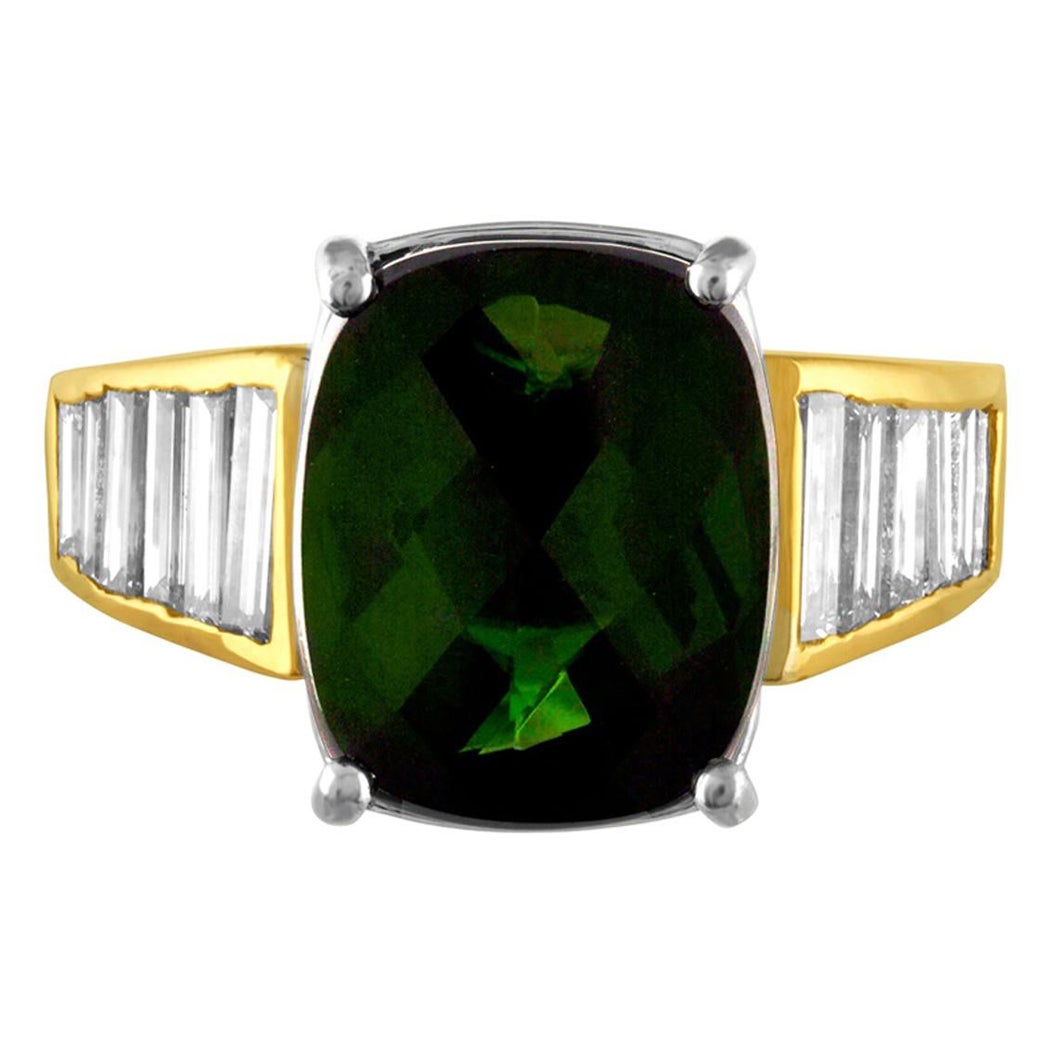 5.23 Carat Cushion Green Tourmaline Diamond Baguette Gold Ring For Sale