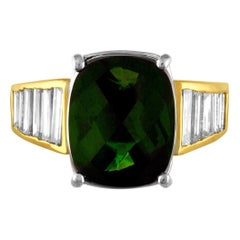 5.23 Carat Cushion Green Tourmaline Diamond Baguette Gold Ring