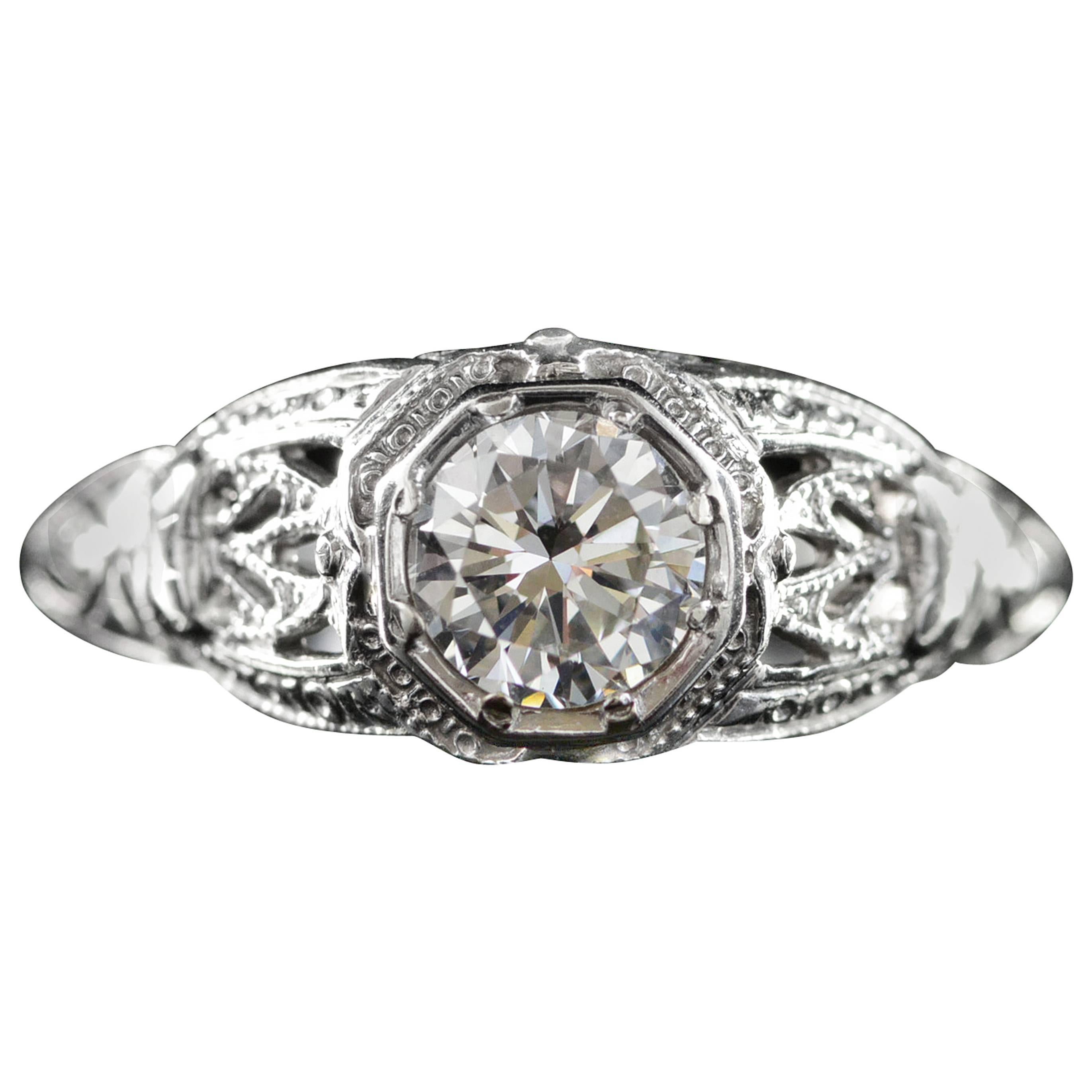 1920s Diamond Gold Filigree Solitaire Engagement Ring