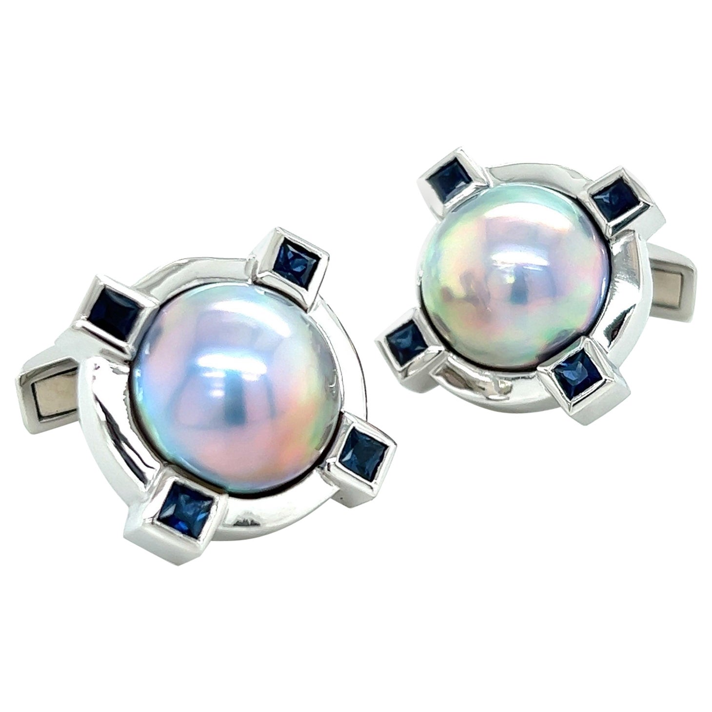Platinum Sapphire Mabe Pearl Cufflinks For Sale
