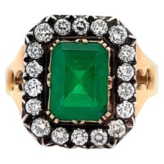 Victorian Revival GIA Brazilian Emerald Diamond Silver Yellow Gold Cluster Ring