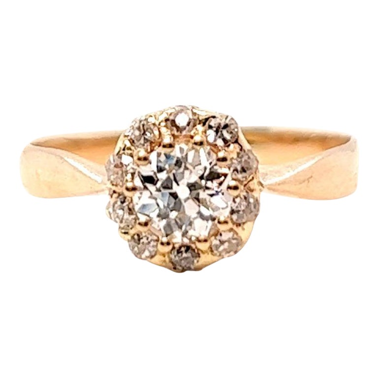 Antique GIA 0.71 Carat Old European Cut Diamond 14 Karat Rose Gold Cluster Ring For Sale