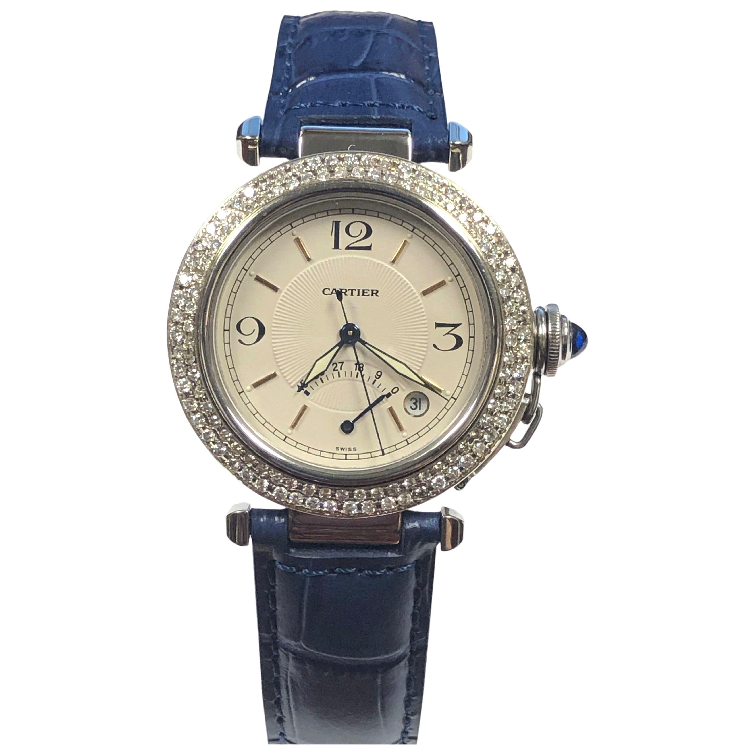 Cartier Pasha Steel and Diamond Bezel Automatic with Power Reserve Watch For Sale