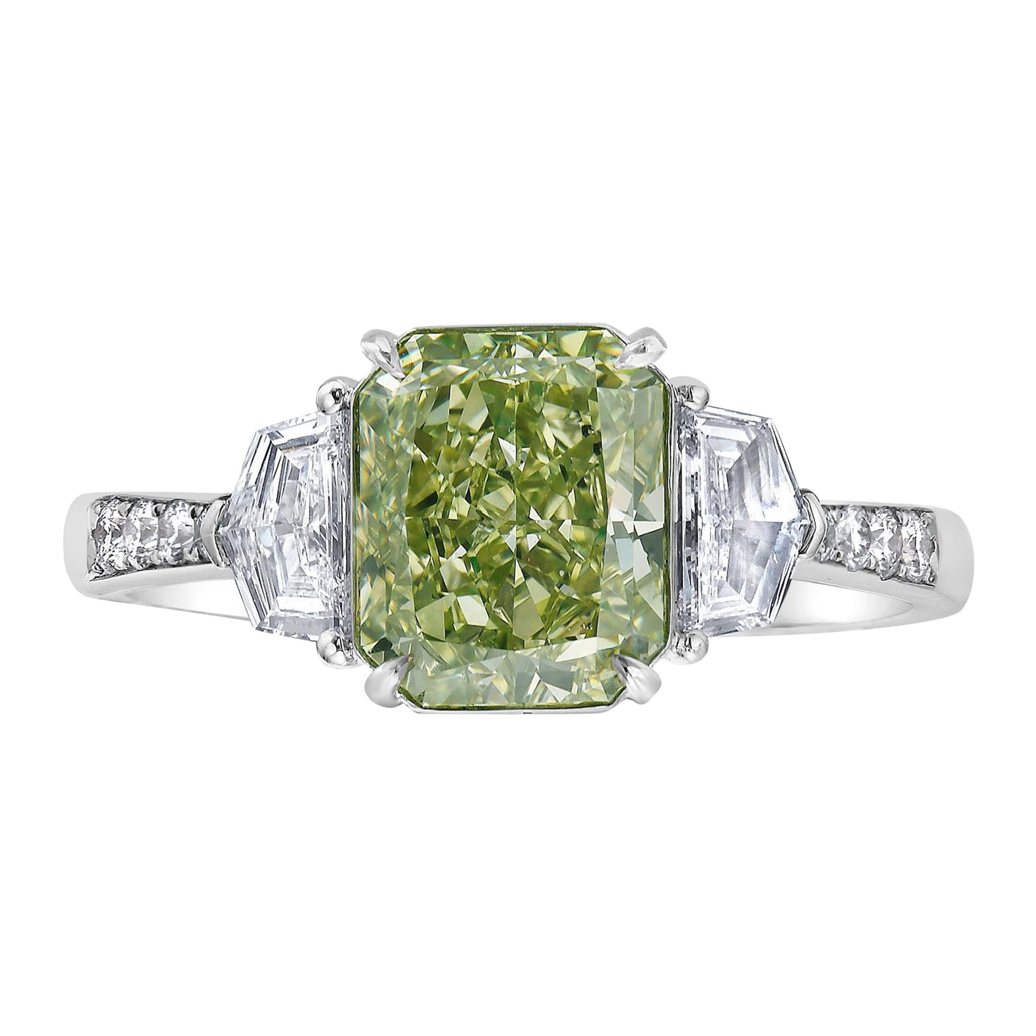 2 Carat GIA Green Diamond Three Stone Ring For Sale