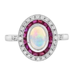 Australian Opal Ruby Diamond Art Deco Style Oval Halo Ring in 14K White Gold