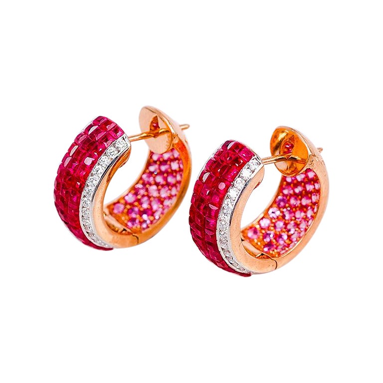 18 Karat Rose Gold Ruby Hoop Earrings For Sale