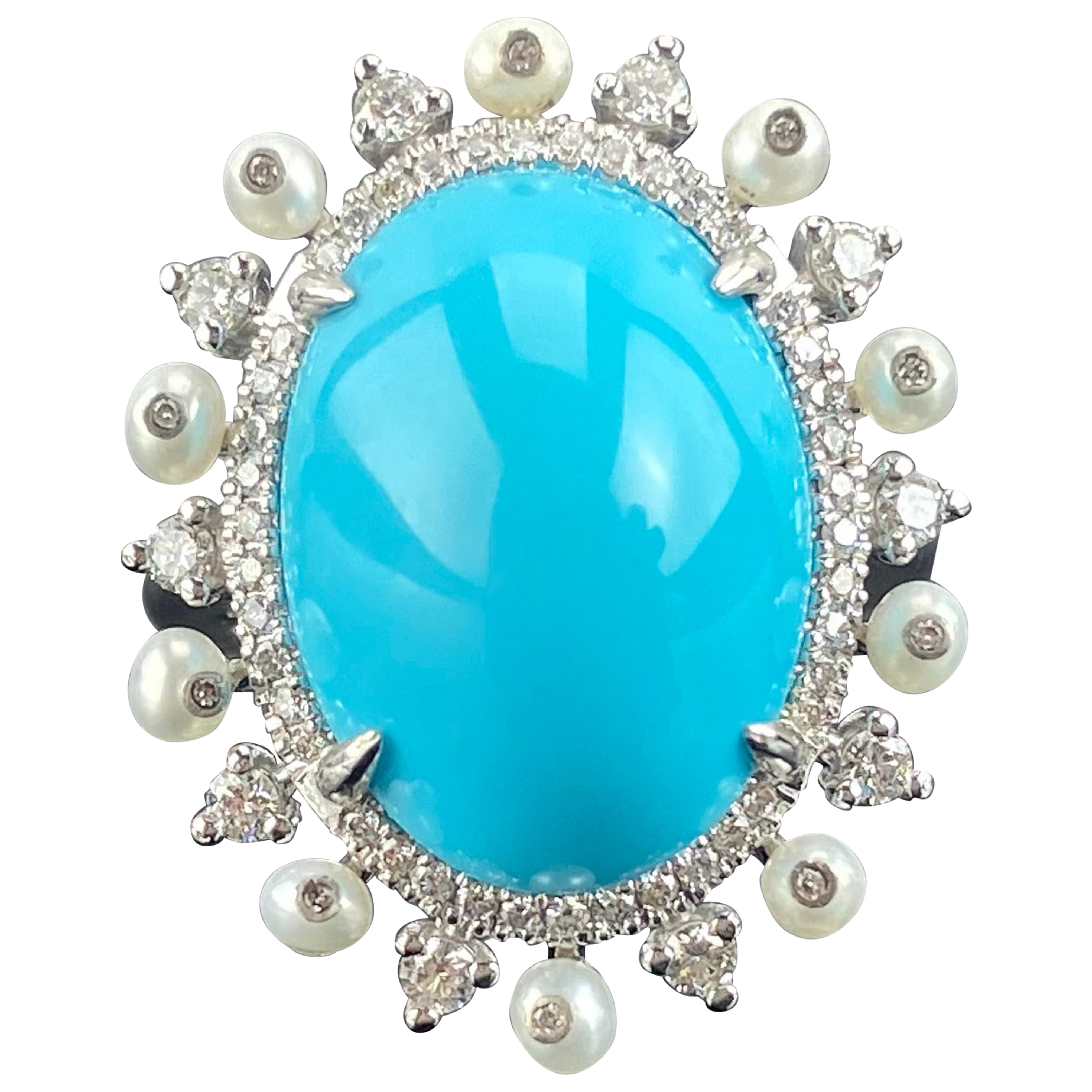 10.92 Carat Cabochon Turquoise and Pearl and Diamond Cocktail Ring For Sale